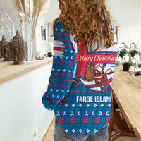 Faroe Islands Christmas Women Casual Shirt with Santa Riding Whale Faroe Flag and Blue Nordic Winter Pattern Design - Wonder Print Shop