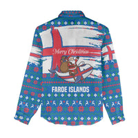 Faroe Islands Christmas Women Casual Shirt with Santa Riding Whale Faroe Flag and Blue Nordic Winter Pattern Design - Wonder Print Shop
