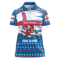 Faroe Islands Christmas Women Polo Shirt with Santa Riding Whale Faroe Flag and Blue Nordic Winter Pattern Design - Wonder Print Shop
