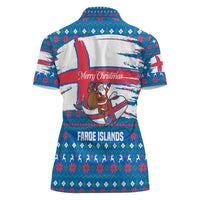 Faroe Islands Christmas Women Polo Shirt with Santa Riding Whale Faroe Flag and Blue Nordic Winter Pattern Design - Wonder Print Shop