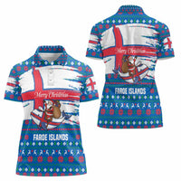 Faroe Islands Christmas Women Polo Shirt with Santa Riding Whale Faroe Flag and Blue Nordic Winter Pattern Design - Wonder Print Shop