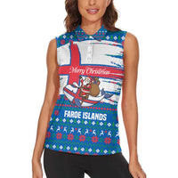 Faroe Islands Christmas Women Sleeveless Polo Shirt with Santa Riding Whale Faroe Flag and Blue Nordic Winter Pattern Design - Wonder Print Shop