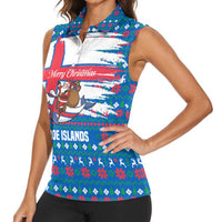Faroe Islands Christmas Women Sleeveless Polo Shirt with Santa Riding Whale Faroe Flag and Blue Nordic Winter Pattern Design - Wonder Print Shop