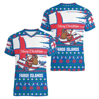 Faroe Islands Christmas Women V-Neck T-Shirt with Santa Riding Whale Faroe Flag and Blue Nordic Winter Pattern Design - Wonder Print Shop