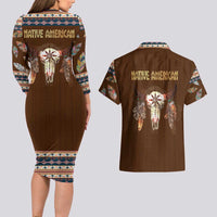 Native Skull Christmas Design Couples Matching Long Sleeve Bodycon Dress and Hawaiian Shirt Xmas Holiday Patterns - Wonder Print Shop