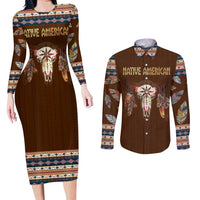 Native Skull Christmas Design Couples Matching Long Sleeve Bodycon Dress and Long Sleeve Button Shirt Xmas Holiday Patterns - Wonder Print Shop
