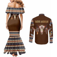 Native Skull Christmas Design Couples Matching Mermaid Dress and Long Sleeve Button Shirt Xmas Holiday Patterns - Wonder Print Shop