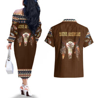 Native Skull Christmas Design Couples Matching Off The Shoulder Long Sleeve Dress and Hawaiian Shirt Xmas Holiday Patterns - Wonder Print Shop