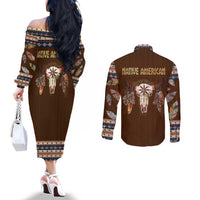 Native Skull Christmas Design Couples Matching Off The Shoulder Long Sleeve Dress and Long Sleeve Button Shirt Xmas Holiday Patterns - Wonder Print Shop