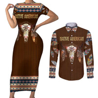 Native Skull Christmas Design Couples Matching Short Sleeve Bodycon Dress and Long Sleeve Button Shirt Xmas Holiday Patterns - Wonder Print Shop