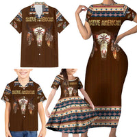 Native Skull Christmas Design Family Matching Short Sleeve Bodycon Dress and Hawaiian Shirt Xmas Holiday Patterns - Wonder Print Shop