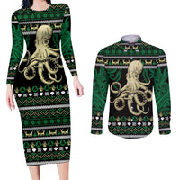 Octopus Cool Christmas Design Couples Matching Long Sleeve Bodycon Dress and Long Sleeve Button Shirt Xmas Holiday Patterns - Wonder Print Shop