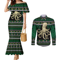 Octopus Cool Christmas Design Couples Matching Mermaid Dress and Long Sleeve Button Shirt Xmas Holiday Patterns - Wonder Print Shop
