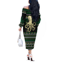 Octopus Cool Christmas Design Off The Shoulder Long Sleeve Dress Xmas Holiday Patterns - Wonder Print Shop