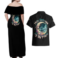 Hello Darkness My Old Friend Crescent Moon Skull Couples Matching Off Shoulder Maxi Dress and Hawaiian Shirt - Wonder Print Shop
