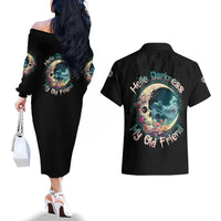 Hello Darkness My Old Friend Crescent Moon Skull Couples Matching Off The Shoulder Long Sleeve Dress and Hawaiian Shirt - Wonder Print Shop
