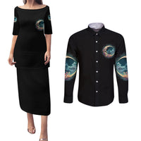 Hello Darkness My Old Friend Crescent Moon Skull Couples Matching Puletasi Dress and Long Sleeve Button Shirt - Wonder Print Shop