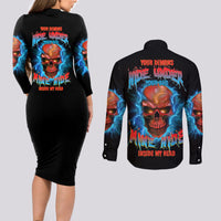 Your Demons Hide Under Your Bed Thunder Skull Couples Matching Long Sleeve Bodycon Dress and Long Sleeve Button Shirt - Wonder Print Shop
