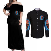 Your Demons Hide Under Your Bed Thunder Skull Couples Matching Off Shoulder Maxi Dress and Long Sleeve Button Shirt - Wonder Print Shop