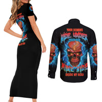 Your Demons Hide Under Your Bed Thunder Skull Couples Matching Short Sleeve Bodycon Dress and Long Sleeve Button Shirt - Wonder Print Shop