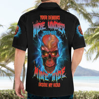 Black short-sleeve button shirt with large skull lightning graphic on back