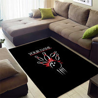 Custom Red and Black Bowling Area Rug with Strike Explosion Graphic Custom Name and Bowler Silhouette - Wonder Print Shop