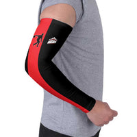 Custom Red and Black Bowling Arm Sleeves with Strike Explosion Graphic Custom Name and Bowler Silhouette - Wonder Print Shop