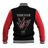 Custom Red and Black Bowling Baseball Jacket with Strike Explosion Graphic Custom Name and Bowler Silhouette - Wonder Print Shop