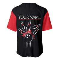 Custom Red and Black Bowling Baseball Jersey with Strike Explosion Graphic Custom Name and Bowler Silhouette - Wonder Print Shop