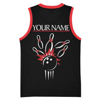 Custom Red and Black Bowling Basketball Jersey with Strike Explosion Graphic Custom Name and Bowler Silhouette - Wonder Print Shop