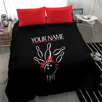 Custom Red and Black Bowling Bedding Set with Strike Explosion Graphic Custom Name and Bowler Silhouette - Wonder Print Shop