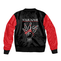 Custom Red and Black Bowling Bomber Jacket with Strike Explosion Graphic Custom Name and Bowler Silhouette - Wonder Print Shop