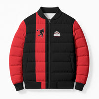 Custom Red and Black Bowling Bomber Puffer Jacket with Strike Explosion Graphic Custom Name and Bowler Silhouette - Wonder Print Shop