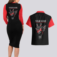 Custom Red and Black Bowling Couples Matching Long Sleeve Bodycon Dress and Hawaiian Shirt with Strike Explosion Graphic Custom Name and Bowler Silhouette - Wonder Print Shop