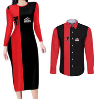 Custom Red and Black Bowling Couples Matching Long Sleeve Bodycon Dress and Long Sleeve Button Shirt with Strike Explosion Graphic Custom Name and Bowler Silhouette - Wonder Print Shop