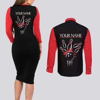 Custom Red and Black Bowling Couples Matching Long Sleeve Bodycon Dress and Long Sleeve Button Shirt with Strike Explosion Graphic Custom Name and Bowler Silhouette - Wonder Print Shop