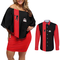Custom Red and Black Bowling Couples Matching Off Shoulder Short Dress and Long Sleeve Button Shirt with Strike Explosion Graphic Custom Name and Bowler Silhouette - Wonder Print Shop