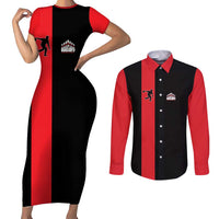 Custom Red and Black Bowling Couples Matching Short Sleeve Bodycon Dress and Long Sleeve Button Shirt with Strike Explosion Graphic Custom Name and Bowler Silhouette - Wonder Print Shop
