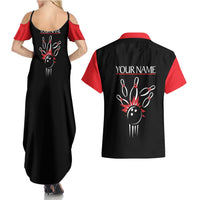 Custom Red and Black Bowling Couples Matching Summer Maxi Dress and Hawaiian Shirt with Strike Explosion Graphic Custom Name and Bowler Silhouette - Wonder Print Shop