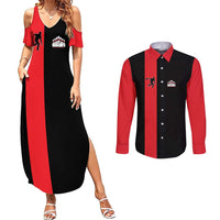 Custom Red and Black Bowling Couples Matching Summer Maxi Dress and Long Sleeve Button Shirt with Strike Explosion Graphic Custom Name and Bowler Silhouette - Wonder Print Shop