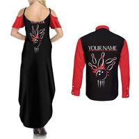 Custom Red and Black Bowling Couples Matching Summer Maxi Dress and Long Sleeve Button Shirt with Strike Explosion Graphic Custom Name and Bowler Silhouette - Wonder Print Shop