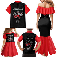 Custom Red and Black Bowling Family Matching Mermaid Dress and Hawaiian Shirt with Strike Explosion Graphic Custom Name and Bowler Silhouette - Wonder Print Shop