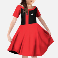 Custom Red and Black Bowling Family Matching Off The Shoulder Long Sleeve Dress and Hawaiian Shirt with Strike Explosion Graphic Custom Name and Bowler Silhouette - Wonder Print Shop