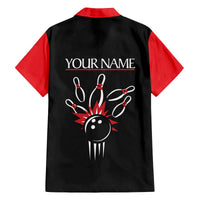 Custom Red and Black Bowling Family Matching Off The Shoulder Long Sleeve Dress and Hawaiian Shirt with Strike Explosion Graphic Custom Name and Bowler Silhouette - Wonder Print Shop