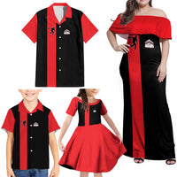 Custom Red and Black Bowling Family Matching Off Shoulder Maxi Dress and Hawaiian Shirt with Strike Explosion Graphic Custom Name and Bowler Silhouette - Wonder Print Shop