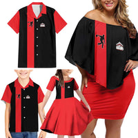 Custom Red and Black Bowling Family Matching Off Shoulder Short Dress and Hawaiian Shirt with Strike Explosion Graphic Custom Name and Bowler Silhouette - Wonder Print Shop