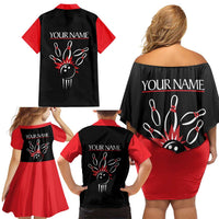 Custom Red and Black Bowling Family Matching Off Shoulder Short Dress and Hawaiian Shirt with Strike Explosion Graphic Custom Name and Bowler Silhouette - Wonder Print Shop