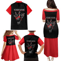 Custom Red and Black Bowling Family Matching Puletasi and Hawaiian Shirt with Strike Explosion Graphic Custom Name and Bowler Silhouette - Wonder Print Shop