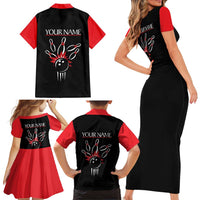Custom Red and Black Bowling Family Matching Short Sleeve Bodycon Dress and Hawaiian Shirt with Strike Explosion Graphic Custom Name and Bowler Silhouette - Wonder Print Shop