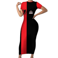 Custom Red and Black Bowling Family Matching Short Sleeve Bodycon Dress and Hawaiian Shirt with Strike Explosion Graphic Custom Name and Bowler Silhouette - Wonder Print Shop